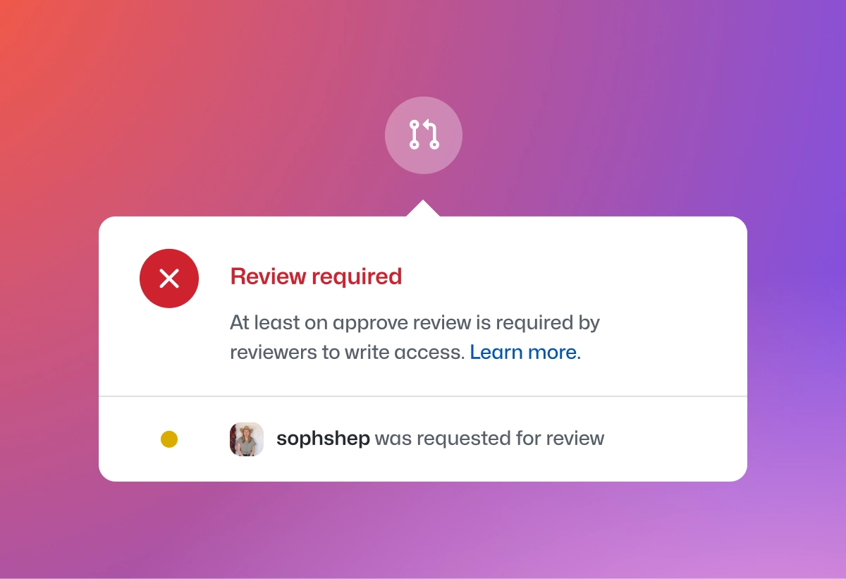 Notification indicating that a review is required before changes can be made, with a user requested for the review. The background has a pink-to-purple gradient.