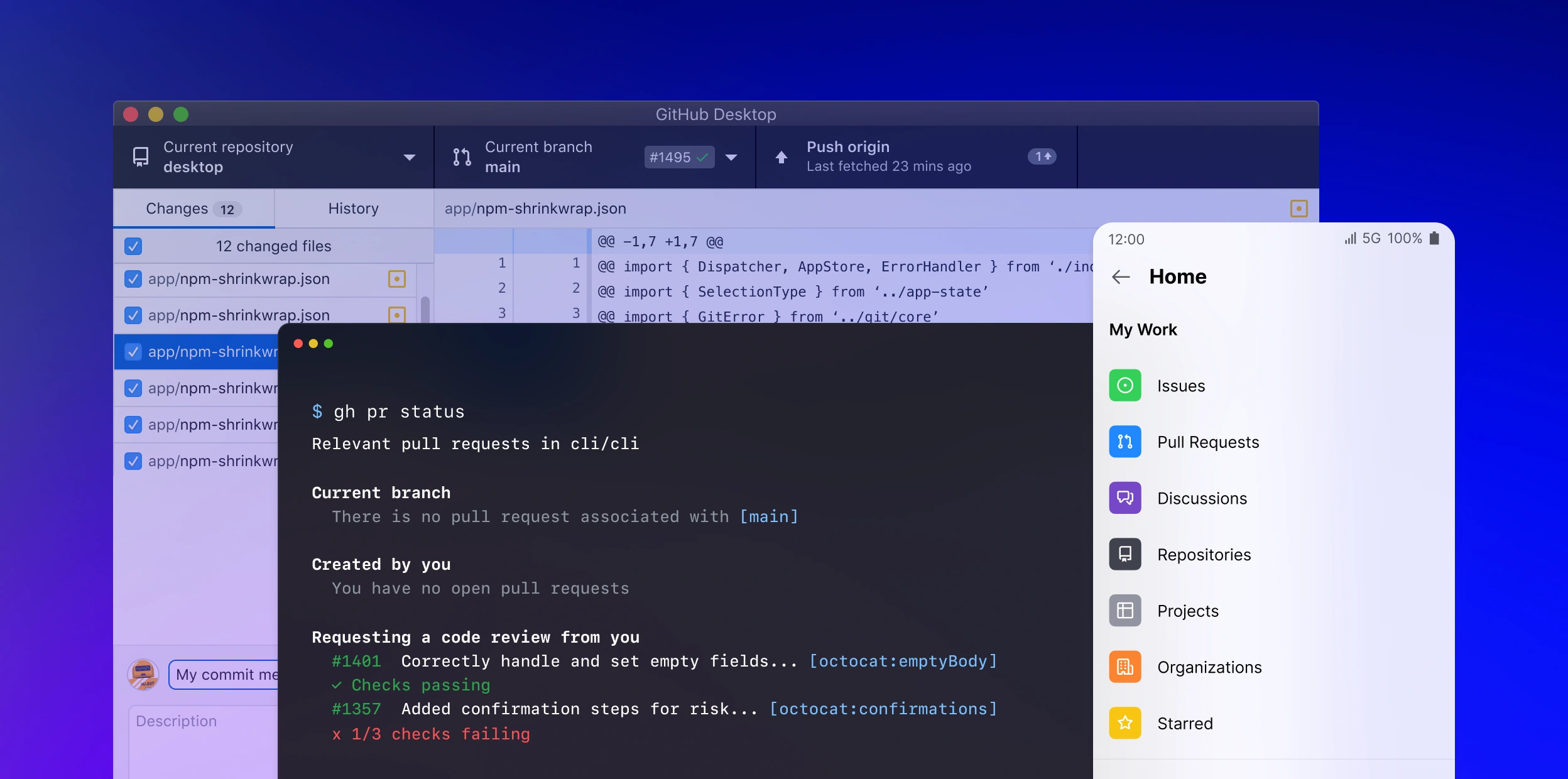 Screenshot showcasing GitHub across Desktop, Mobile, and Command Line interfaces. The Desktop interface shows a repository with multiple changed files, highlighting app/npm-shrinkwrap.json and a comparison of code changes. The Command Line interface displays the output of the gh pr status command, showing the status of pull requests, with some passing checks and one failing. The Mobile interface on the right side displays the 'Home' screen with options like Issues, Pull Requests, Discussions, and more.